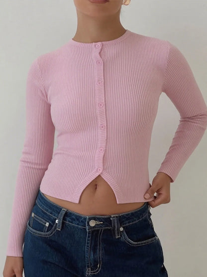 Textured Button Front Sweater - EasyApparels