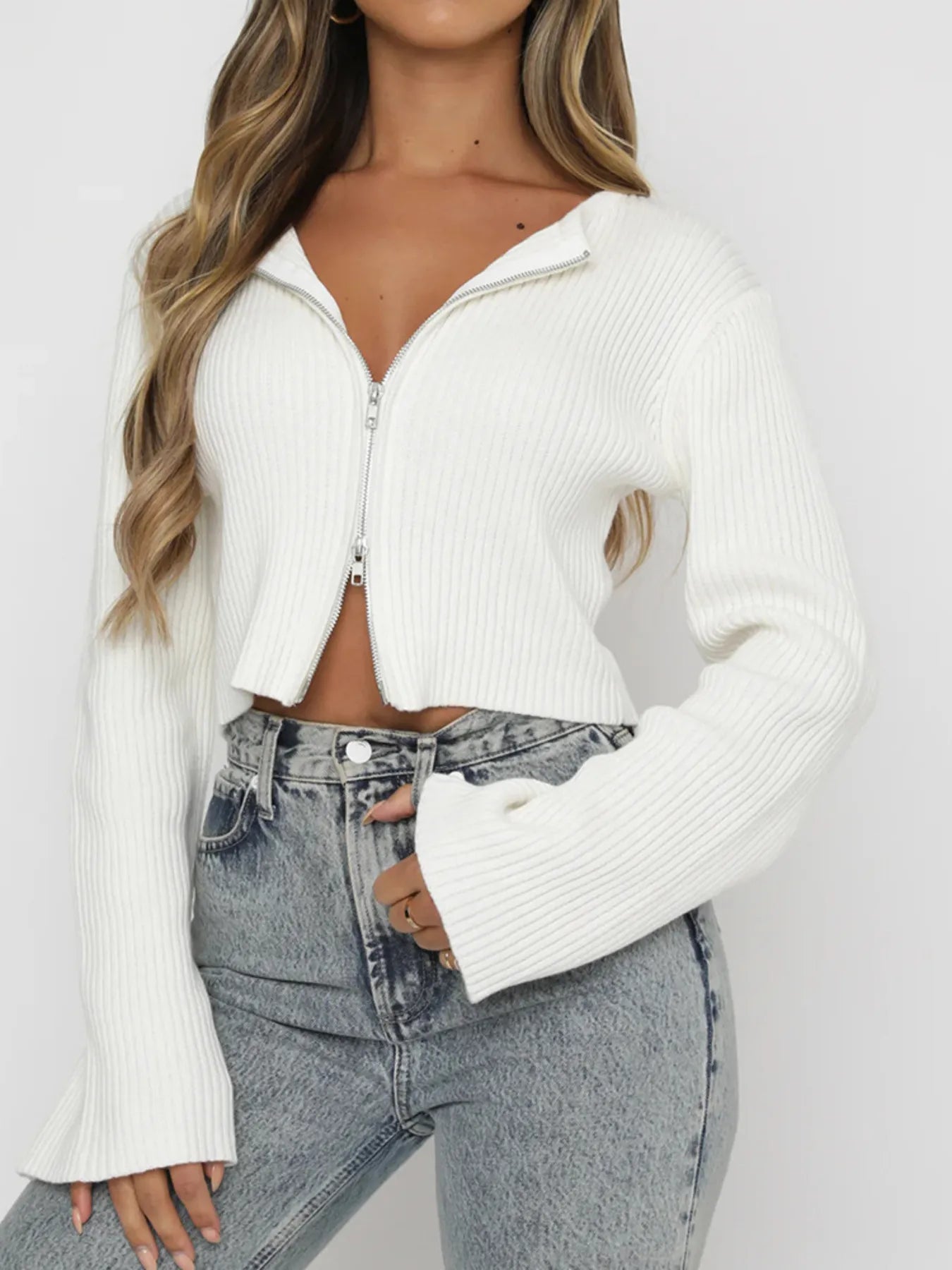 Textured Zip Front Short Cardigan - EasyApparels
