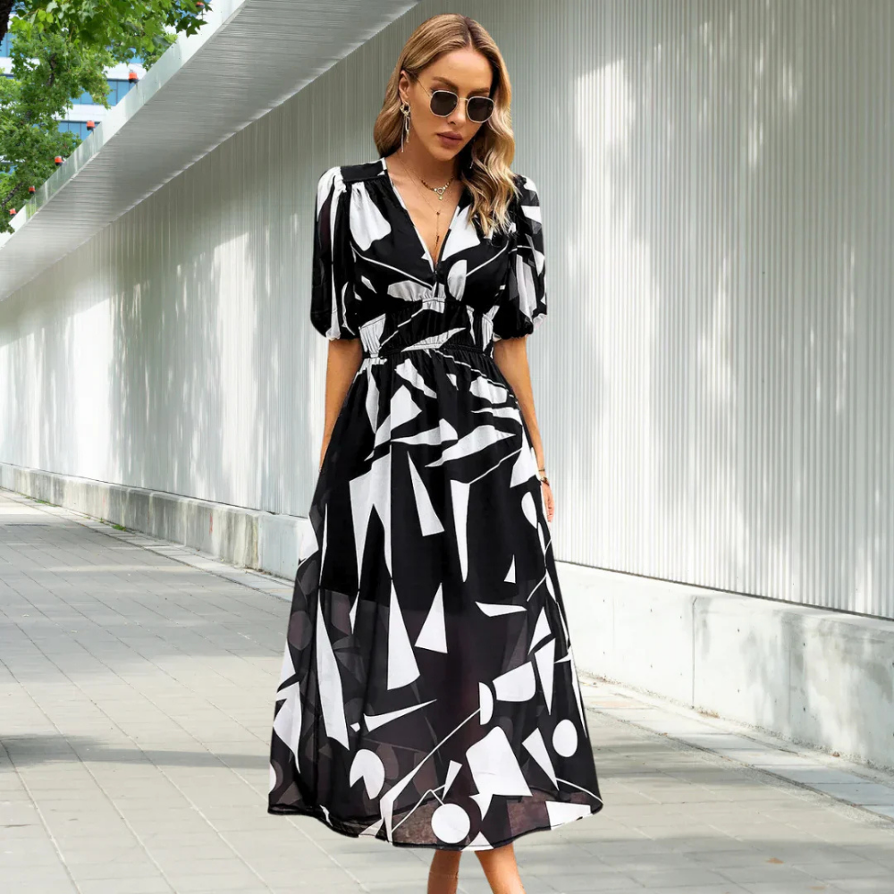 Elegant V Neck Ladies Summer Dress with Puffy Sleeves