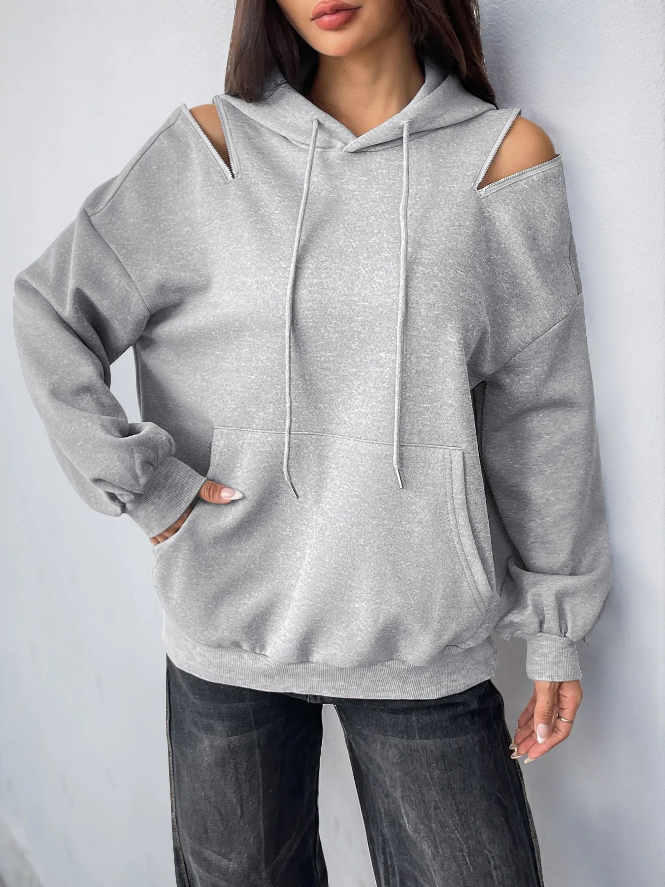 Casual Pull String Cold Shoulder Sweatshirt - EasyApparels