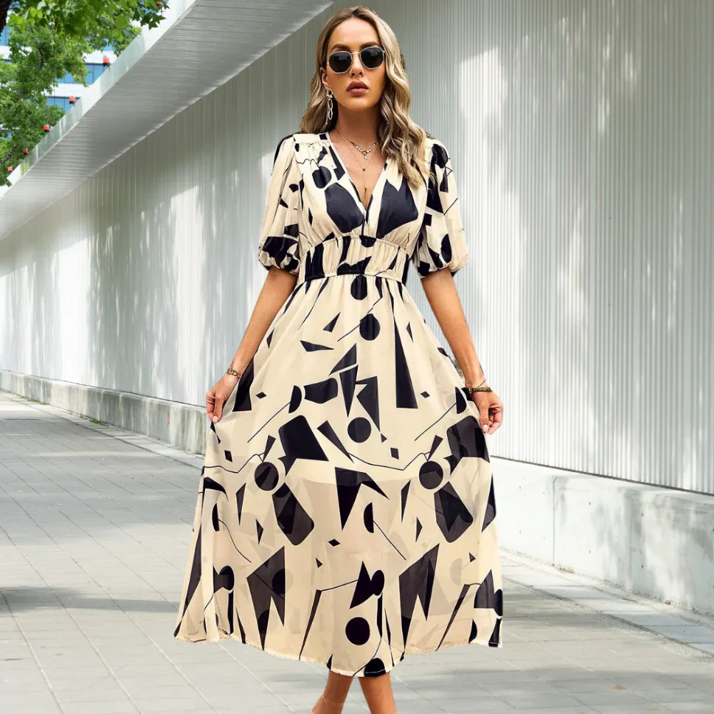 Elegant V Neck Ladies Summer Dress with Puffy Sleeves