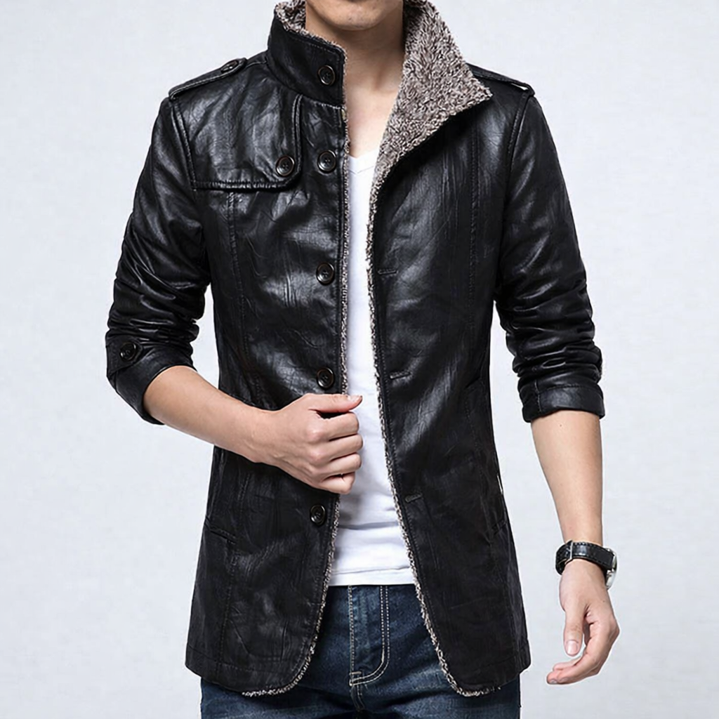 Men's Fitted Leather Coat with Button FrontClosure - EasyApparels