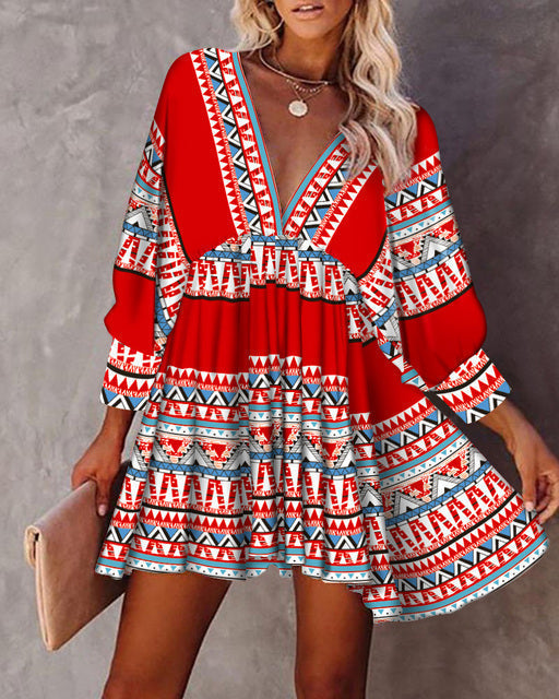 Chic V Neck Mini Dress with Long Sleeves