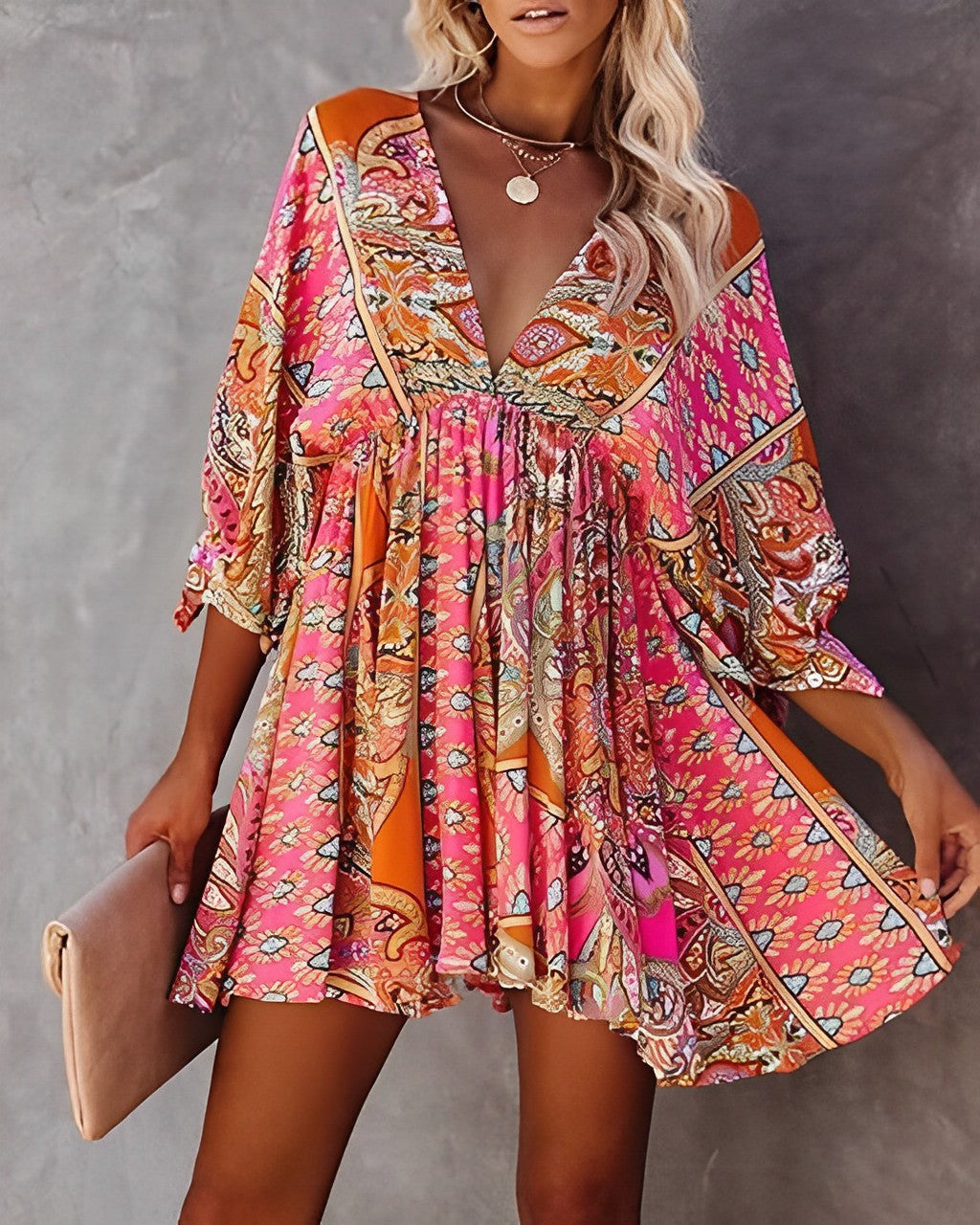 Chic V Neck Mini Dress with Long Sleeves