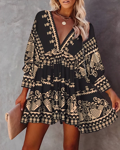 Chic V Neck Mini Dress with Long Sleeves - EasyApparels