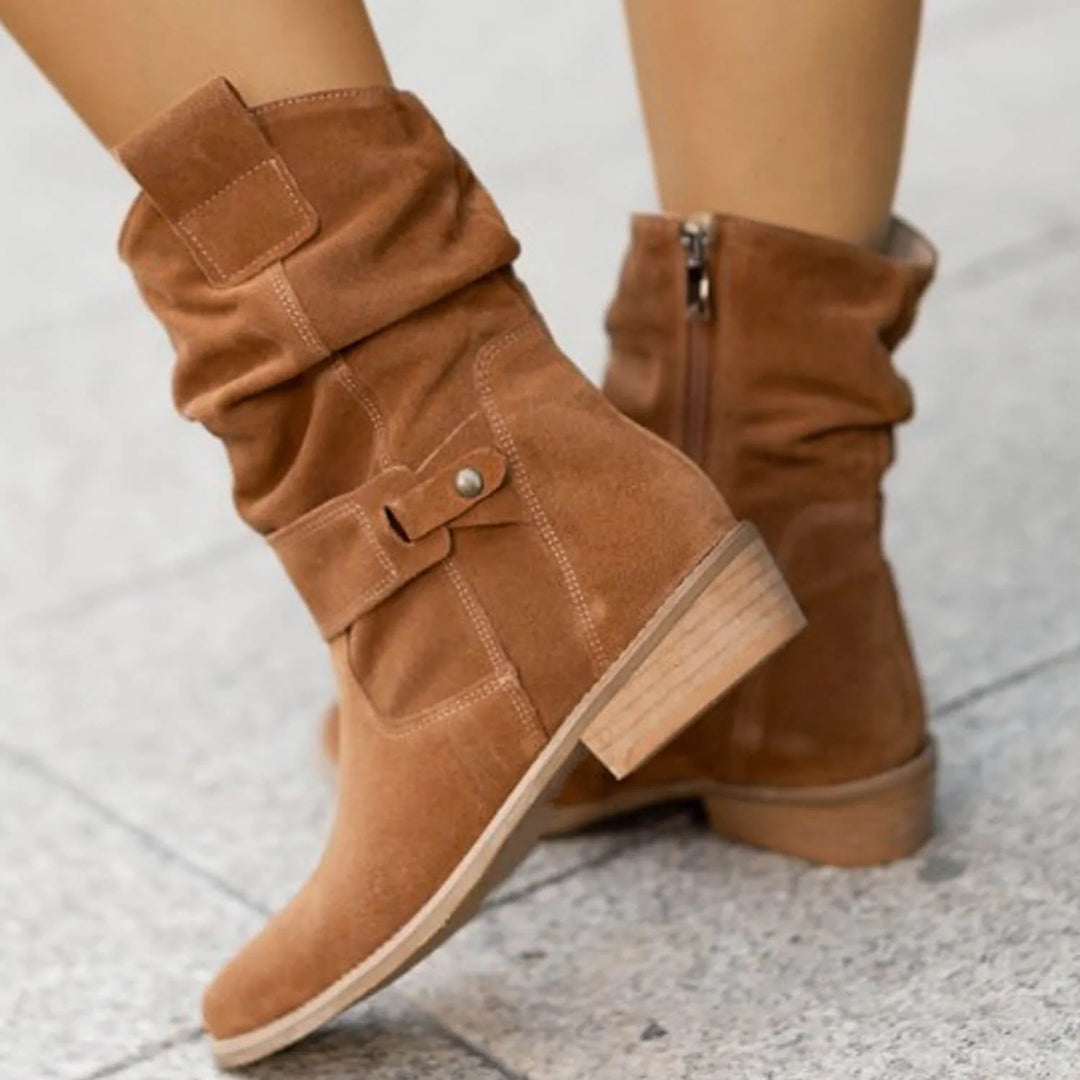 Women's Suede Ankle Boots with Block Heel and Buckle