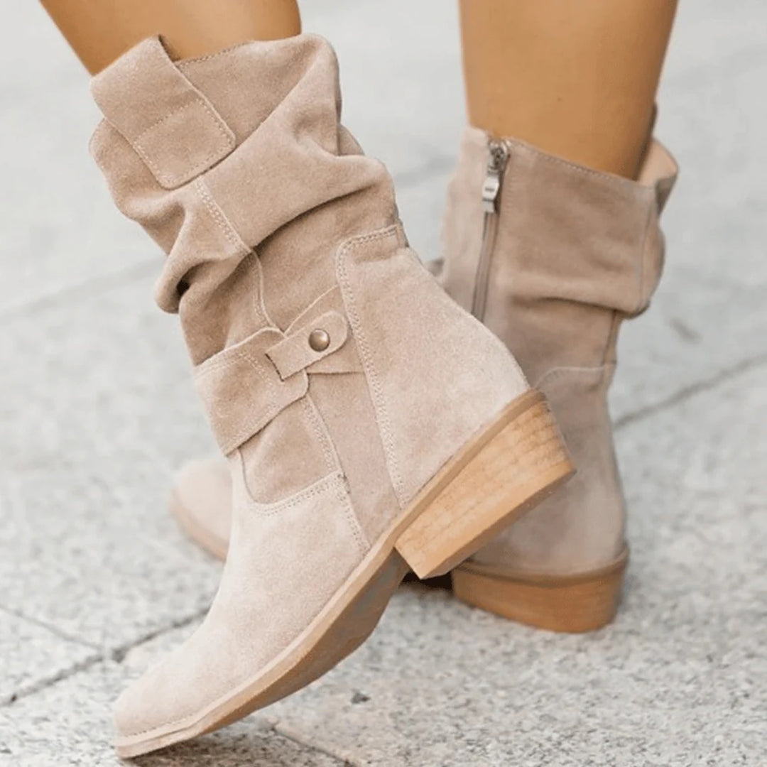 Women's Suede Ankle Boots with Block Heel and Buckle