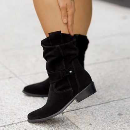 Women's Suede Ankle Boots with Block Heel and Buckle - EasyApparels