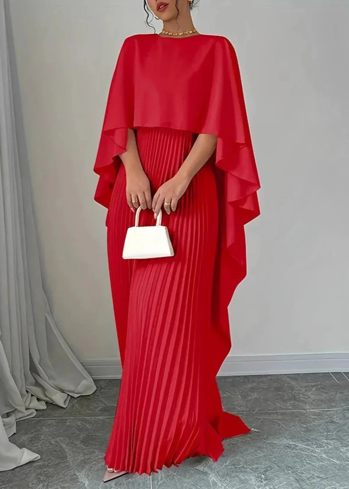 Flowy Long Dress with Cape and Fitted Waist