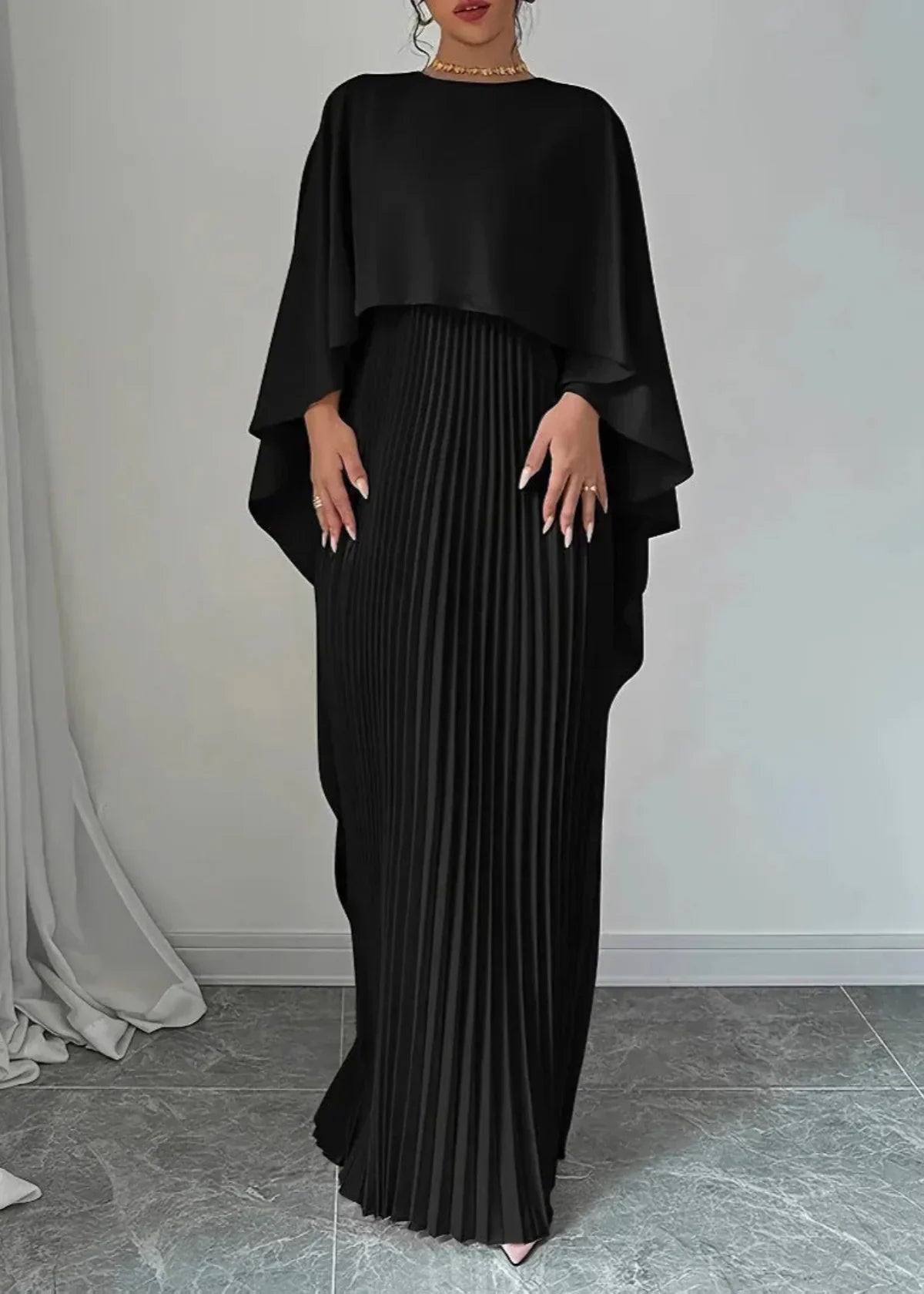 Flowy Long Dress with Cape and Fitted Waist