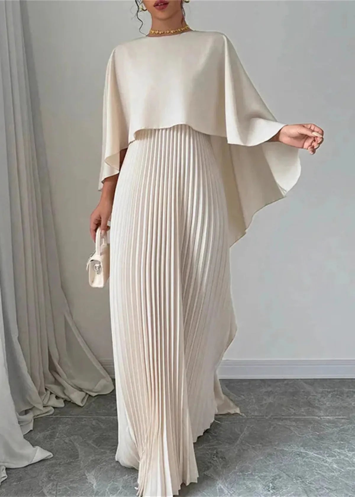 Flowy Long Dress with Cape and Fitted Waist - Vossary