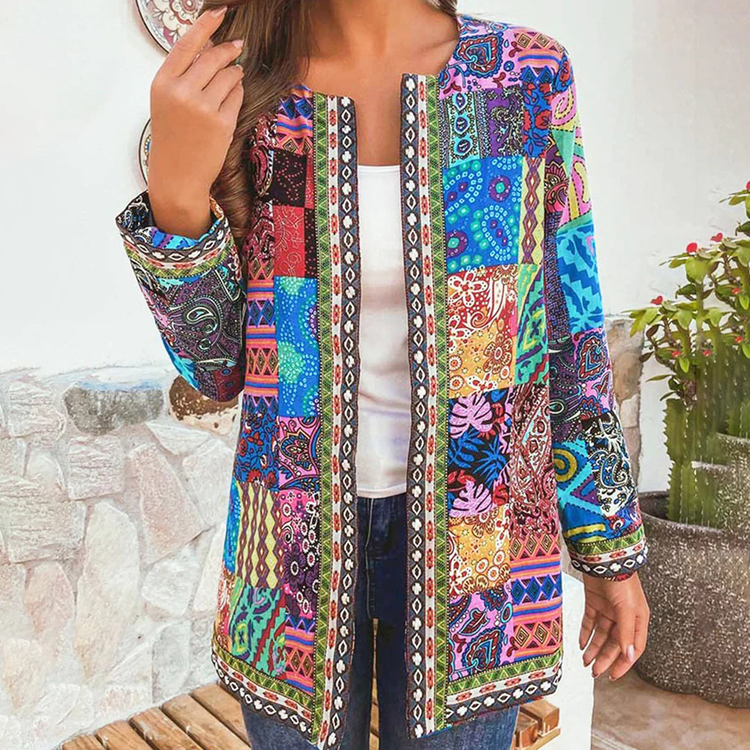 Bohemian Open Front Long Sleeve Patchwork Jacket