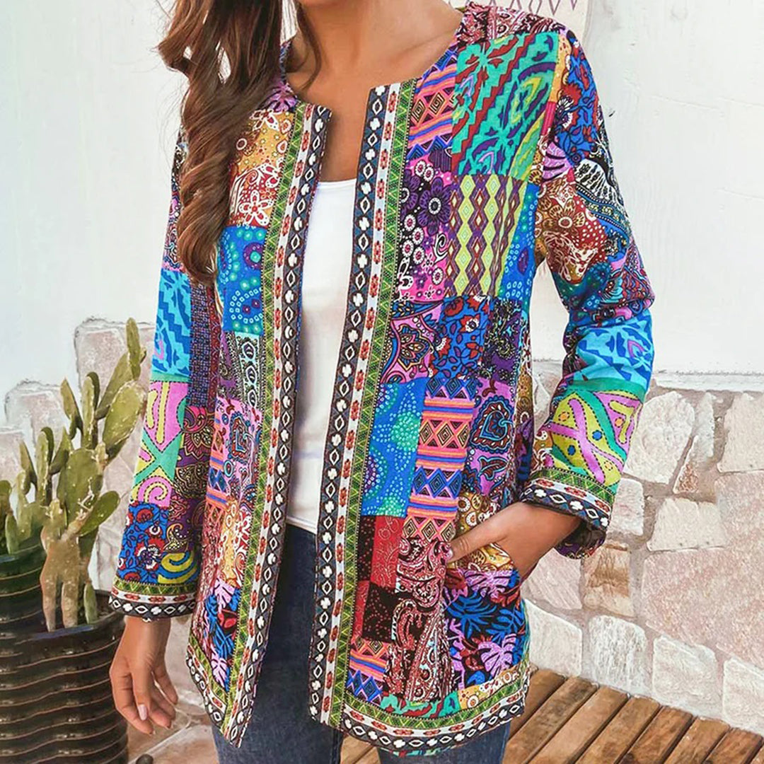 Bohemian Open Front Long Sleeve Patchwork Jacket - EasyApparels