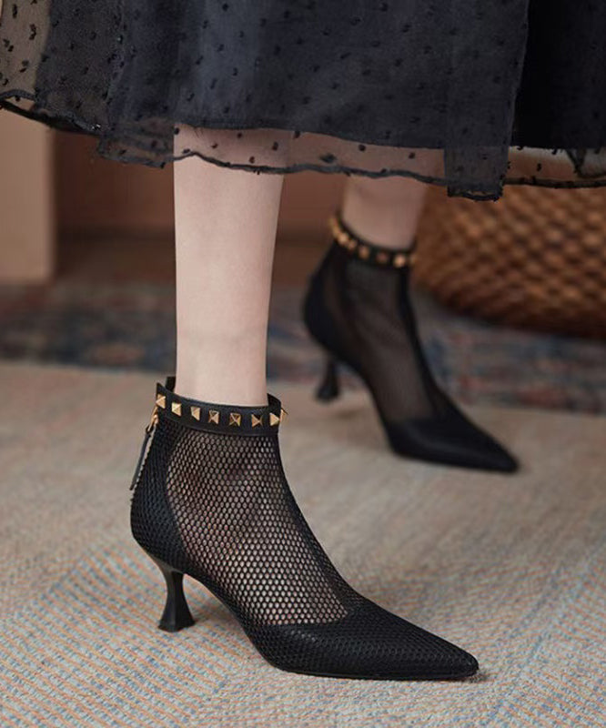 Pointed Toe Breathable Knit Boots with Black Buckles - EasyApparels