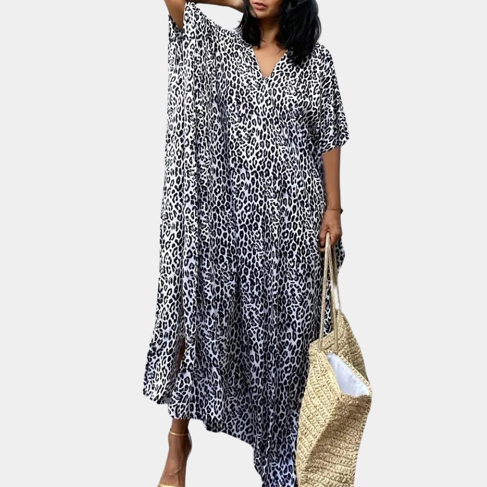 Relaxed Fit V-Neck Animal Print Maxi Dress