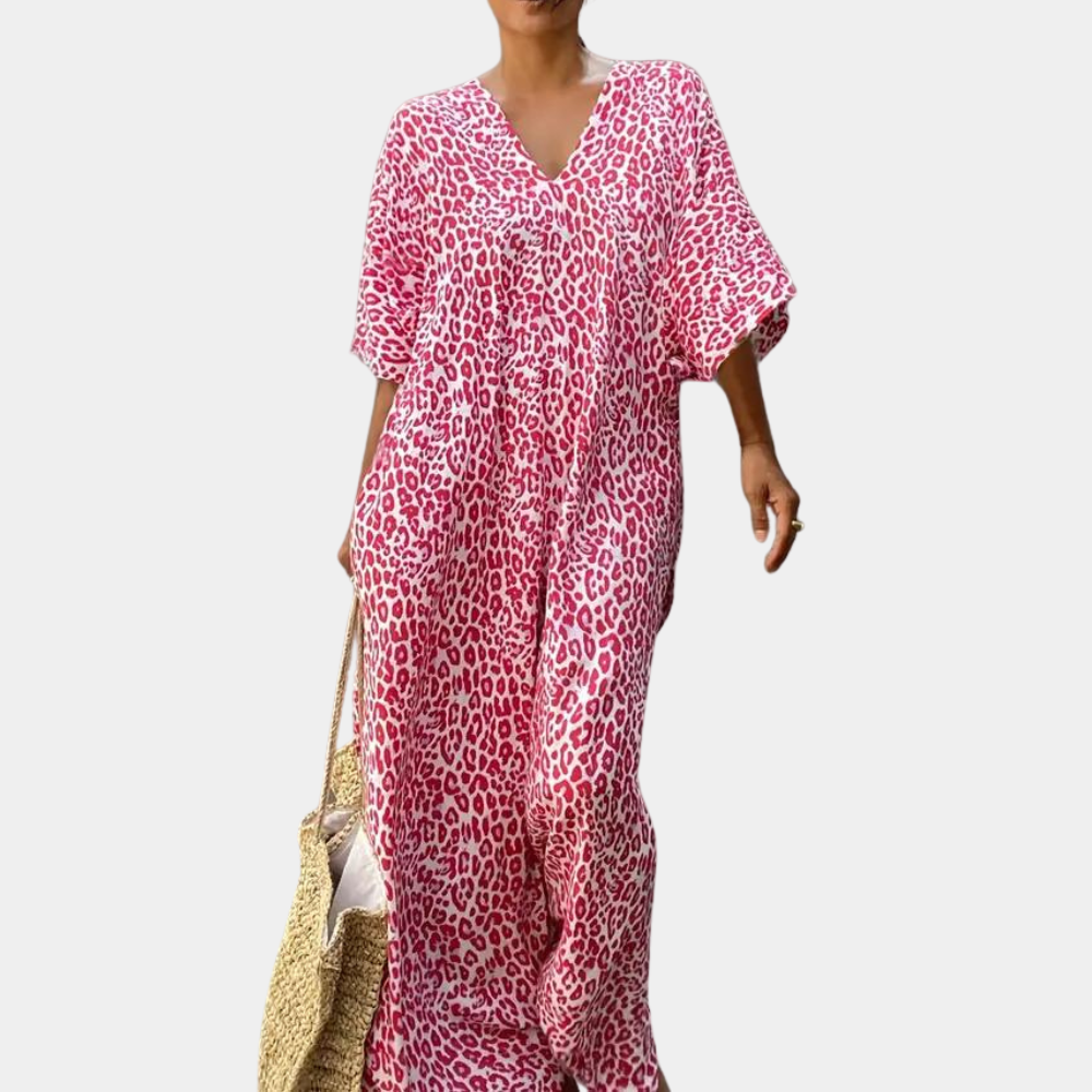 Relaxed Fit V-Neck Animal Print Maxi Dress - EasyApparels