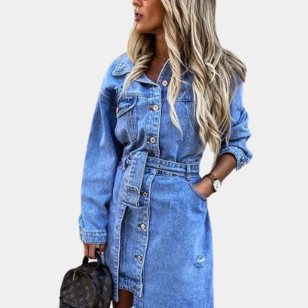 Casual Denim Shirt Dress with Belt and Buttons - EasyApparels