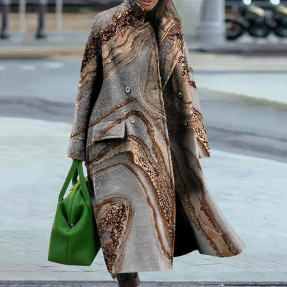 Ladies Long Wool Coat Oversized Abstract Button Front - EasyApparels