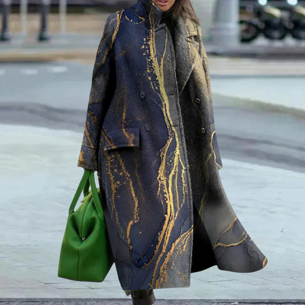 Ladies Long Wool Coat Oversized Abstract Button Front