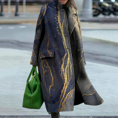 Ladies Long Wool Coat Oversized Abstract Button Front