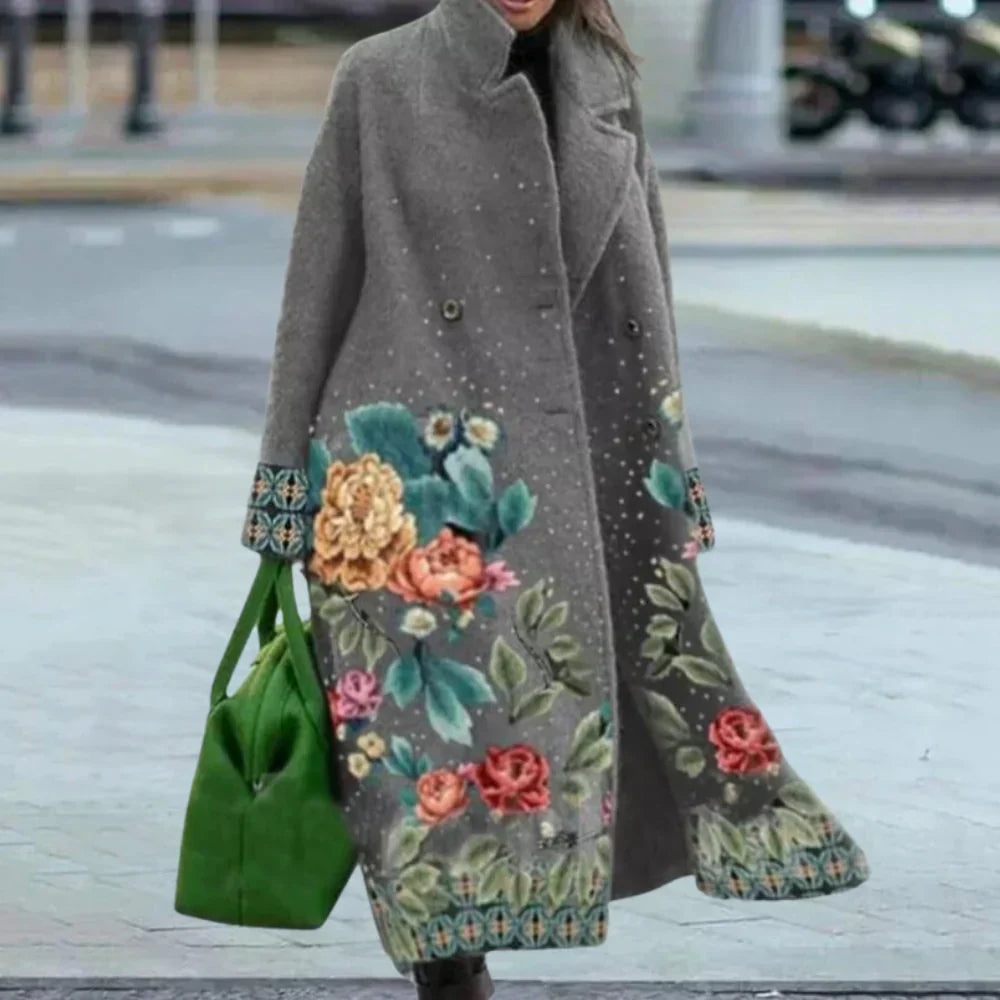 Ladies Long Wool Coat Oversized Abstract Button Front