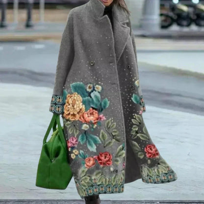 Ladies Long Wool Coat Oversized Abstract Button Front