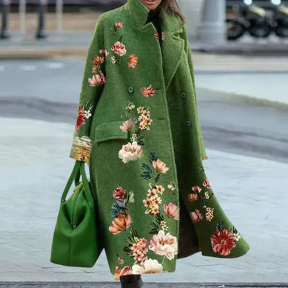 Ladies Long Wool Coat Oversized Abstract Button Front