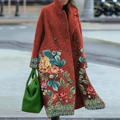 Ladies Long Wool Coat Oversized Abstract Button Front