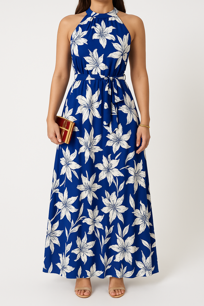 Flowy Floral Maxi Dress with Tie Waist - EasyApparels