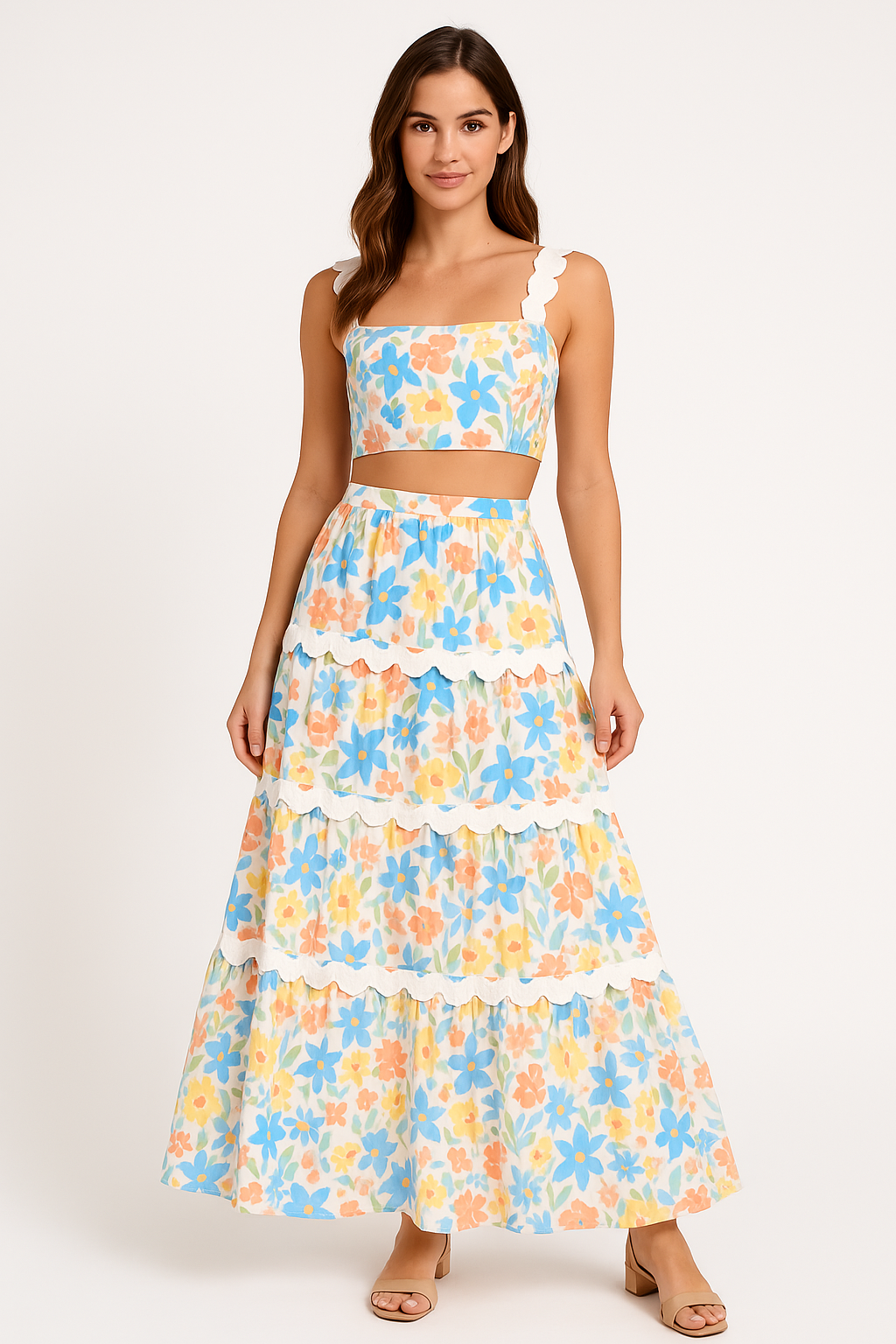 Ladies' 2-Piece Outfit - Lace Crop Top with Flared Skirt - EasyApparels