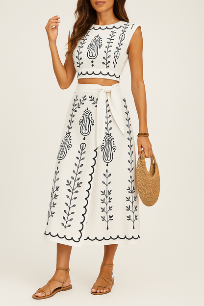 Summer Crop Top and Flowy Midi Skirt Set - EasyApparels