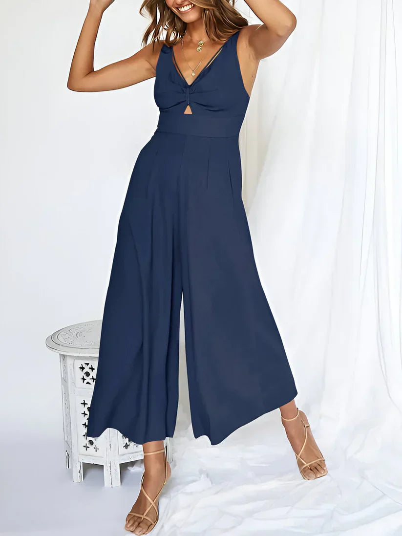 Women's Sleeveless V-Neck High Waisted Wide Leg Jumpsuit - EasyApparels