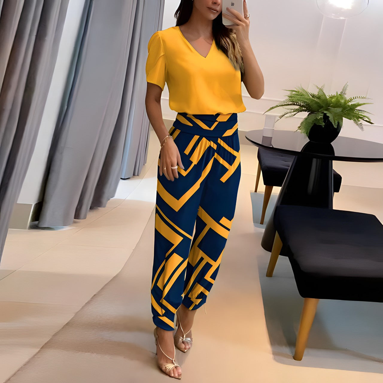 Comfortable V-Neck Women's Blouse with Puff Sleeves - EasyApparels