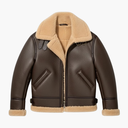 Classic Leather Bomber Jacket with Fleece Collar - Vossary