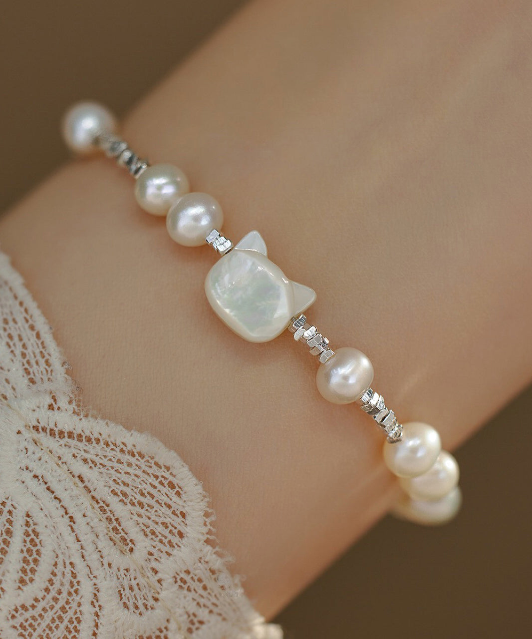Bracelet argent sterling avec perles et charms de chat mignon - EasyApparels