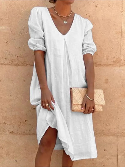 Casual V Neck Midi Dress with Puffy Sleeves