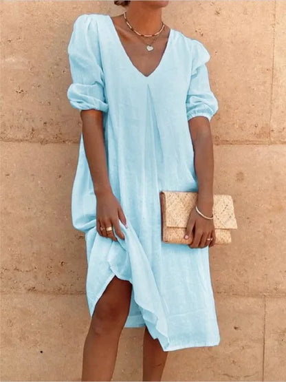 Casual V Neck Midi Dress with Puffy Sleeves