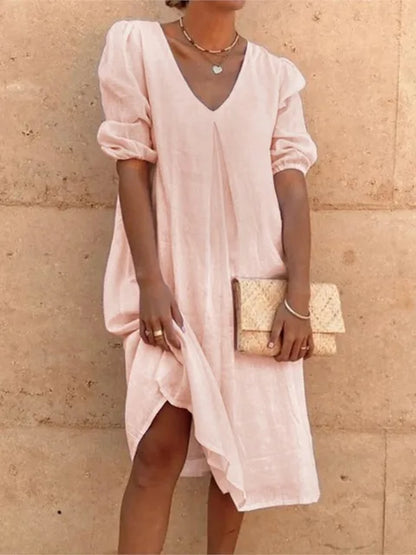 Casual V Neck Midi Dress with Puffy Sleeves