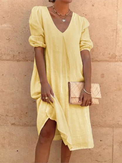 Casual V Neck Midi Dress with Puffy Sleeves