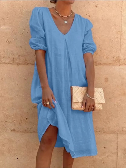 Casual V Neck Midi Dress with Puffy Sleeves