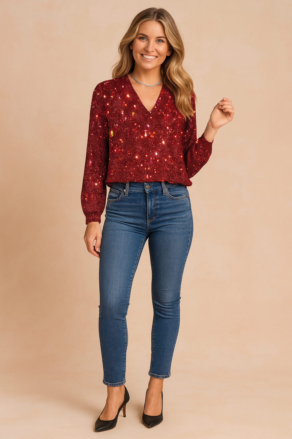 Shiny Deep V-neck Blouse