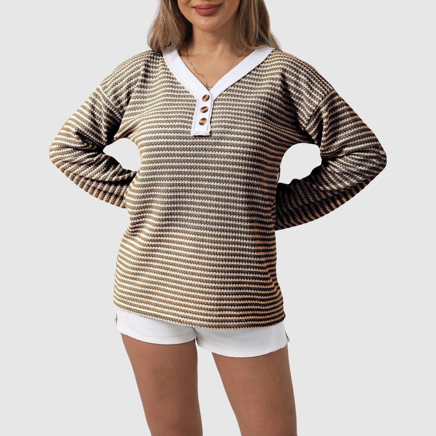 Casual Striped Button Henley Sweater