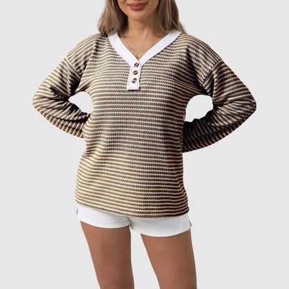 Casual Striped Button Henley Sweater