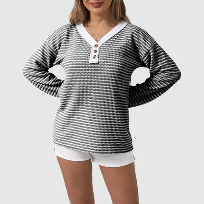 Casual Striped Button Henley Sweater