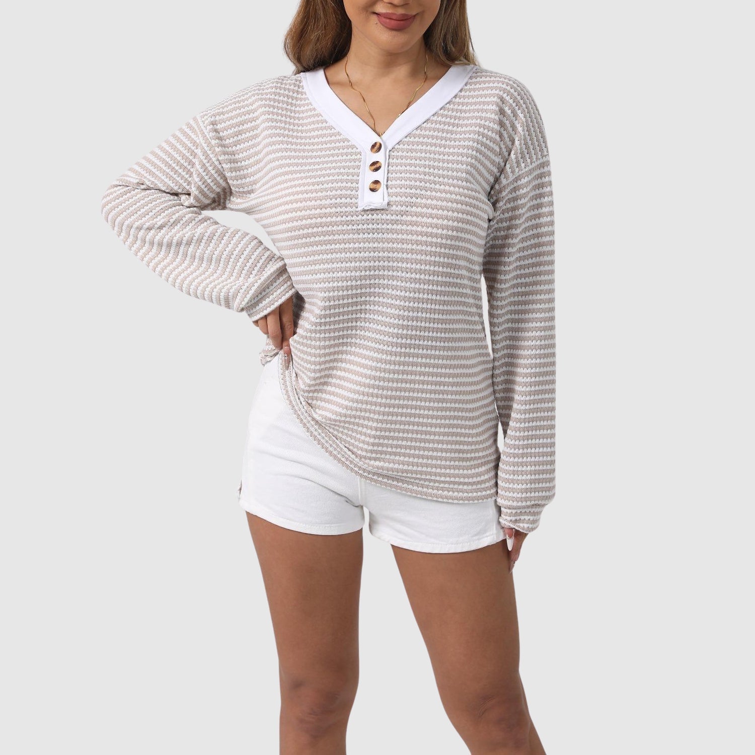 Casual Striped Button Henley Sweater - EasyApparels