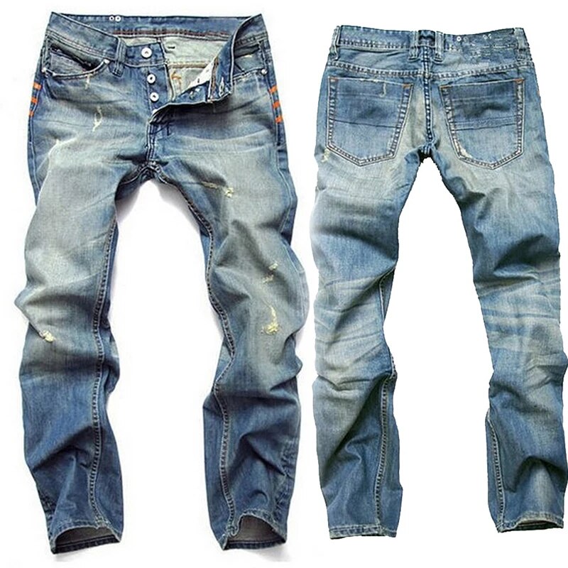 Ripped Mens Jeans, Classic Relaxed Fit Dark Blue - Luxicro