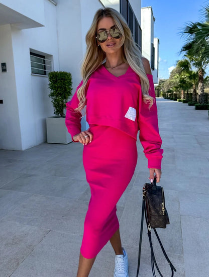 Women's 2-Piece - Fitted V Neck Top - High Waist Pencil Skirt