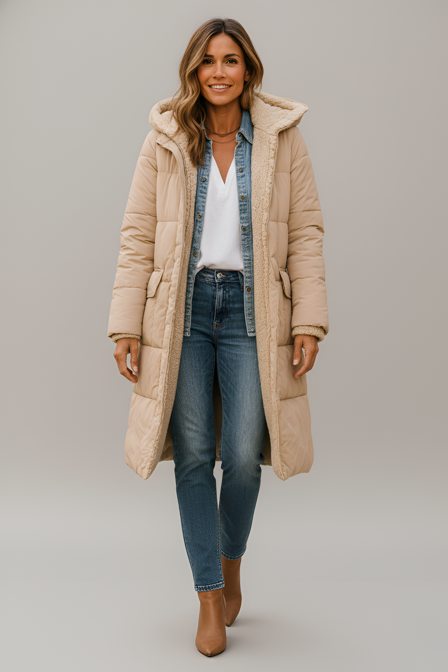 Warm Women's Long Shearling Lined Puffer Coat