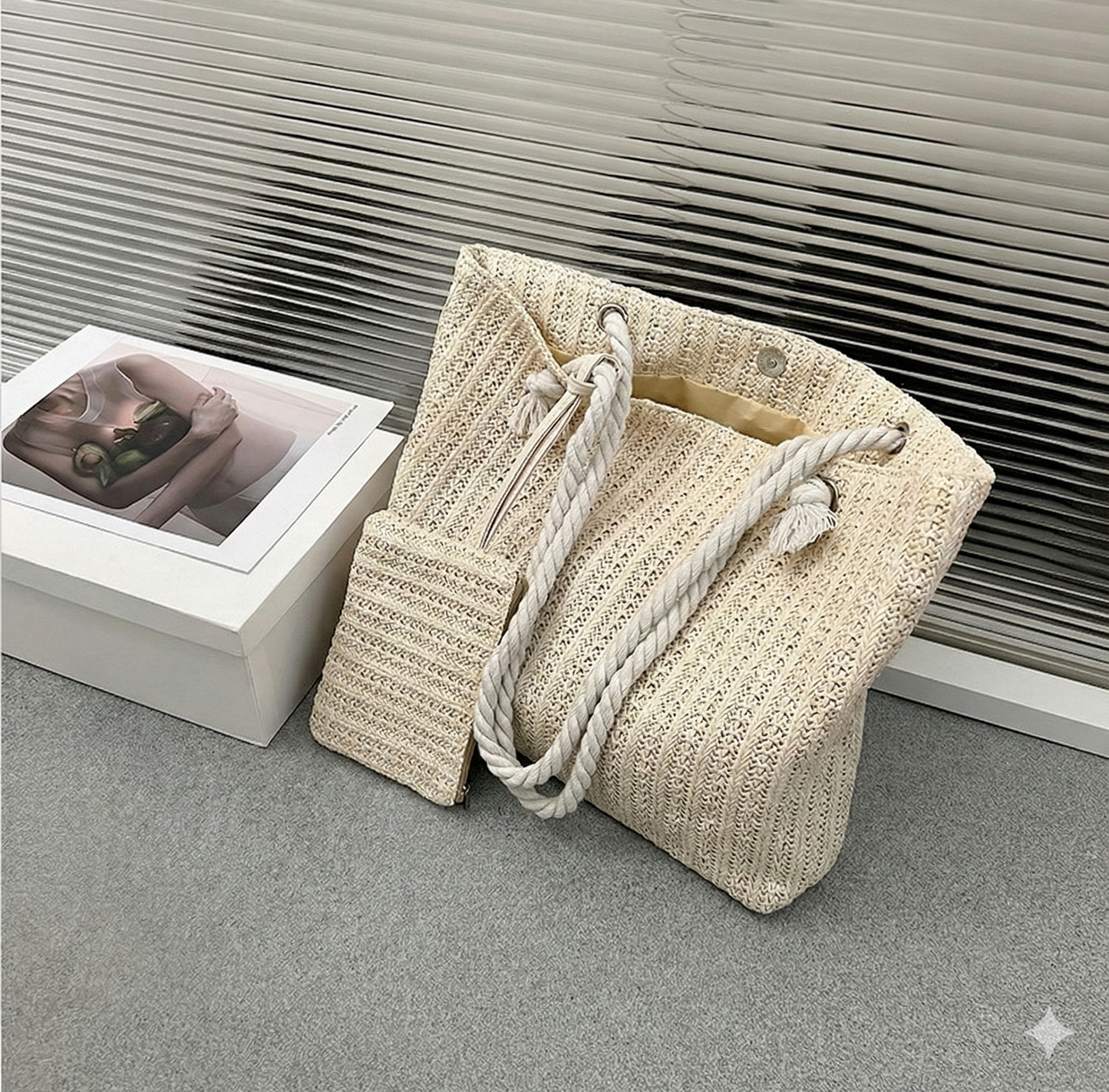 Natural Woven Straw Tote Bag with Rope Handles
