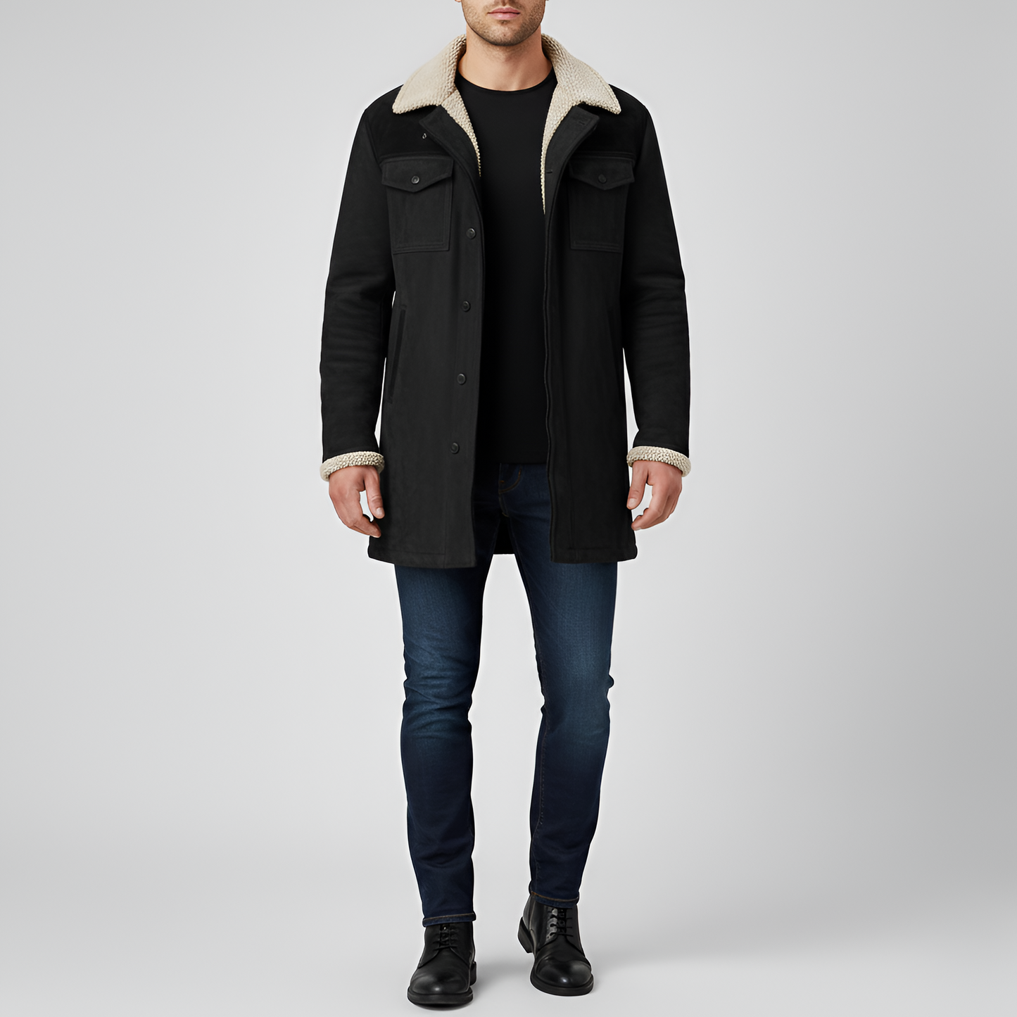 Warm Padded Mens Shearling Jacket with Buttons